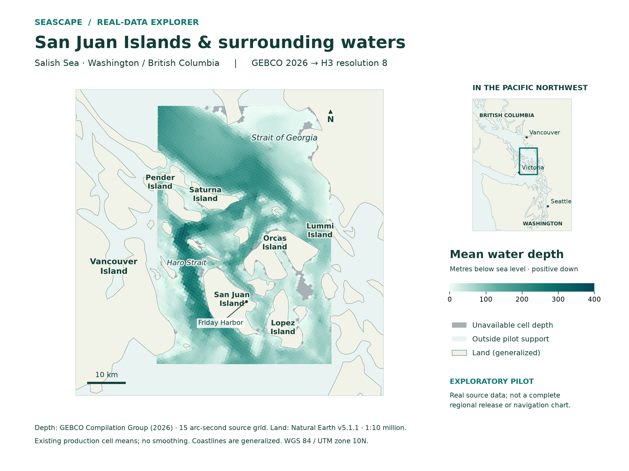 GEBCO 2026 mean depth around the San Juan Islands, with unavailable cells shown in gray. This is an exploratory family result, not a regional release or navigation chart.