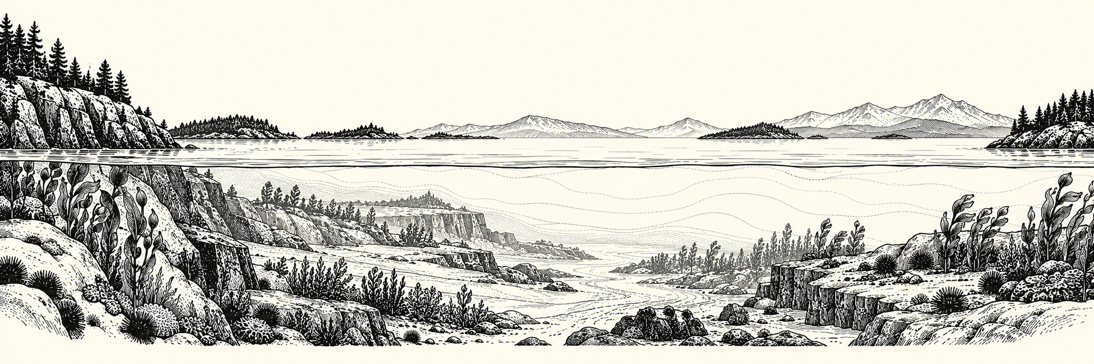 Ink coastal cross-section showing islands, seafloor terrain, and kelp; decorative artwork, not a data product